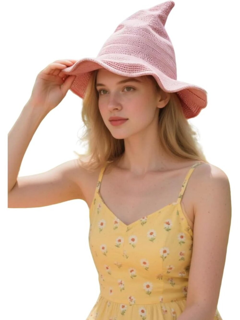 🎃Women's Pink Foldable Pointed Wide Brim Multicolour Knit Breathable Witch Hat